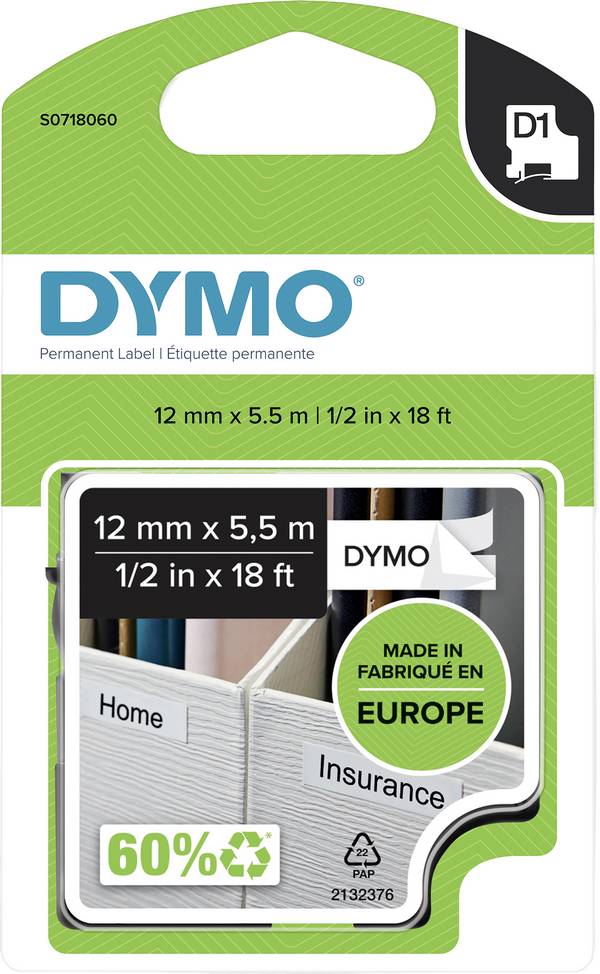 Etiquette DYMO D1 S0718060 polyester Couleur de ruban: blanc Couleur de police:noir 12 mm 5.5 m