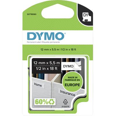 Emballage pour ruban d'étiquettes Dymo, 12 mm x 5,5 m, vert, avec symbole de recyclage. Inscription : '60% Recyclé'. Fabriqué en Europe.
