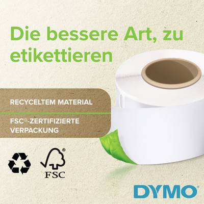 Rouleaux avec étiquettes et logo Dymo sur matériau recyclé. Texte : La meilleure façon d'étiqueter. Emballage certifié FSC.