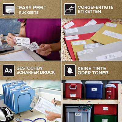 Classeurs de couleur, étiquettes et panneaux pour l'organisation. Mots-clés : 'Pelage facile', 'Étiquettes préimprimées', 'Impression nette', 'Sans tons'.