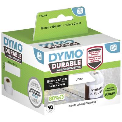 'Emballage d'étiquettes DYMO Durable, 19 mm x 64 mm, 450 étiquettes par rouleau, résistantes à l'abrasion, à l'eau et à la déchirure.'
