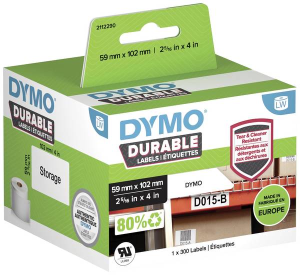 DYMO Rouleau d'étiquettes 102 x 59 mm film polypropylène blanc 300 pc(s) fixation permanente 2112290 Etiquette universelles, Etiquette pour adresse