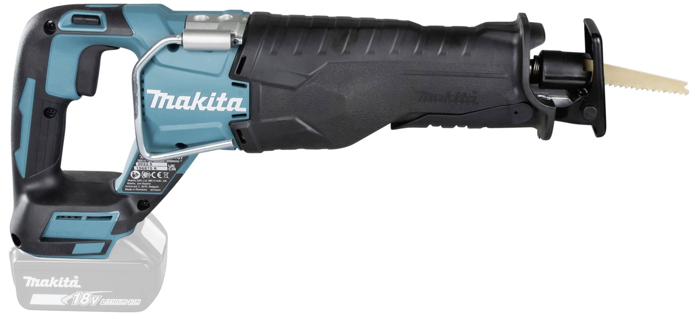 Scie sabre électrique Makita en turquoise et noir, 18V, sans fil, avec lame de scie visible à droite.