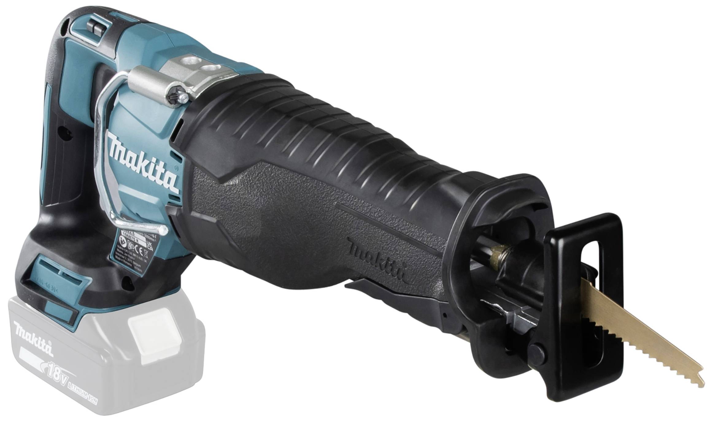 Scie sabre sans fil en bleu et noir, marquée 'Makita'. Elle est compacte, maniable et adaptée pour des sciages précis.