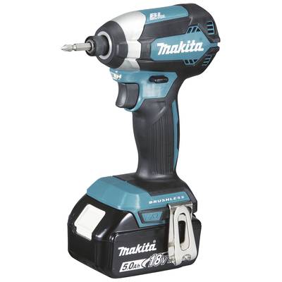 Visseuse à chocs sans fil Makita au design bleu et noir, équipée d'une batterie 18V 5.0Ah et d'un moteur brushless.