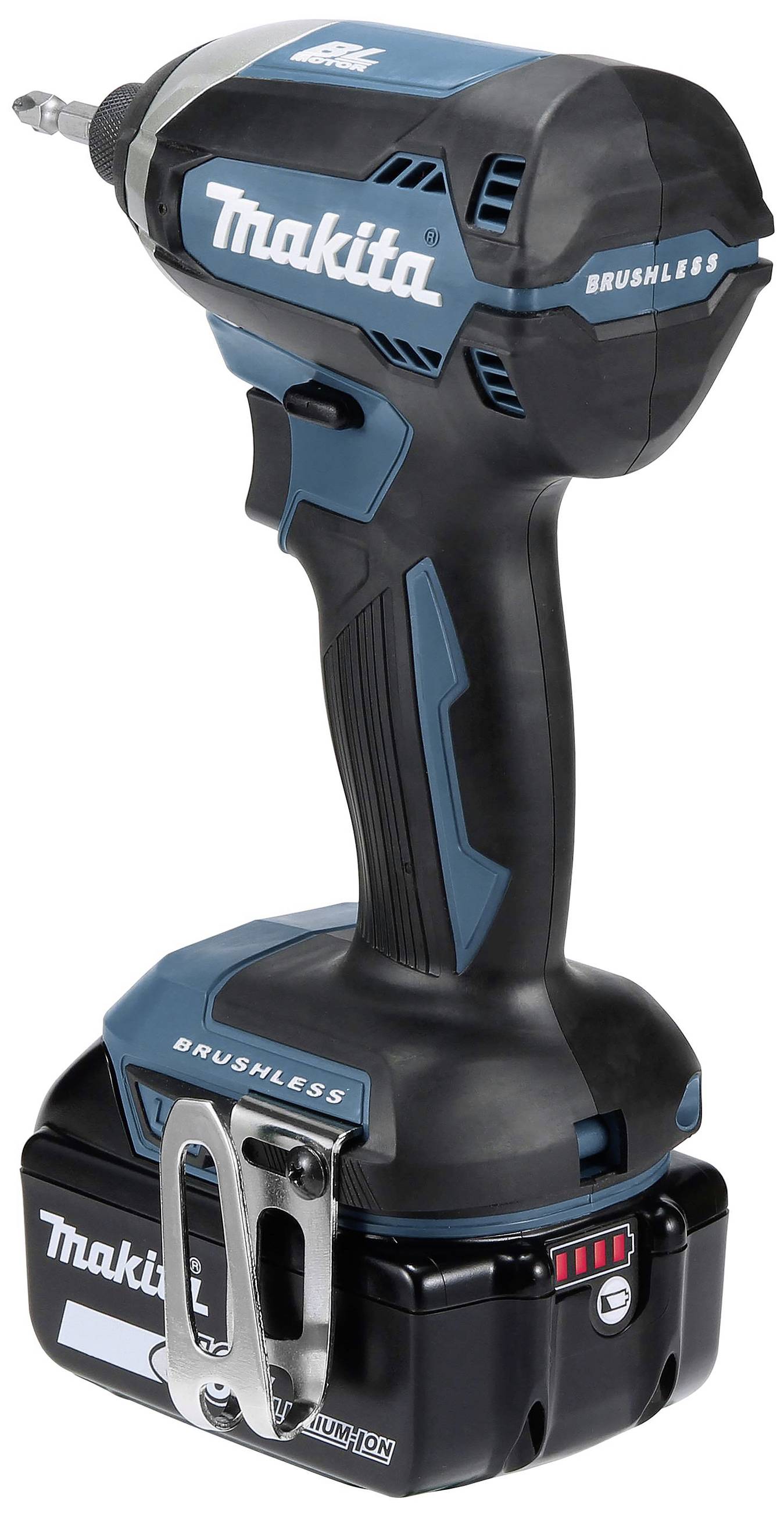 Un visseuse-perceuse à percussion sans fil Makita avec moteur brushless, design ergonomique et batterie située à la base de l'outil.