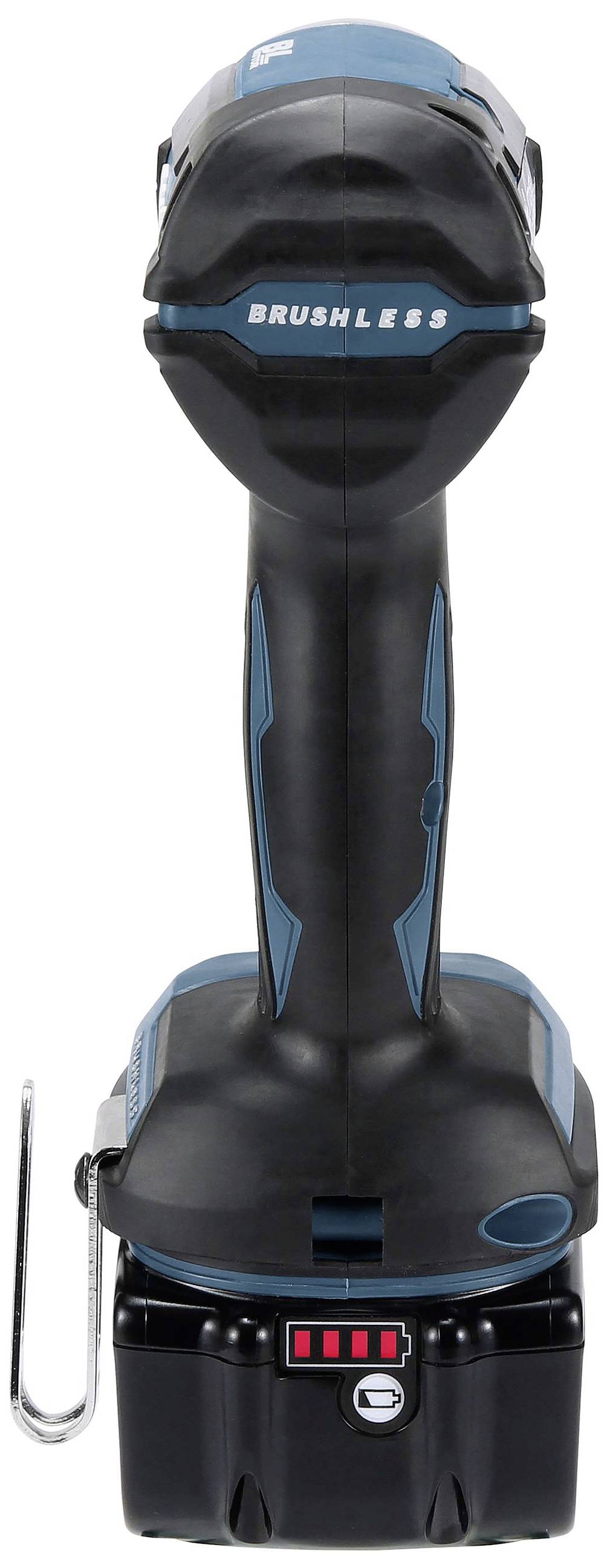 Perceuse sans fil avec moteur sans balais, boîtier noir avec des touches bleues, clip de ceinture métallique, indicateur de charge sur la batterie.