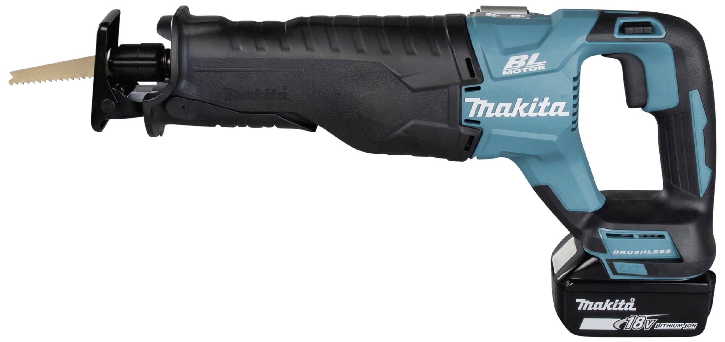 Une scie sabre Makita bleue avec poignée noire et batterie 18V, couramment utilisée dans les travaux de construction et de rénovation.