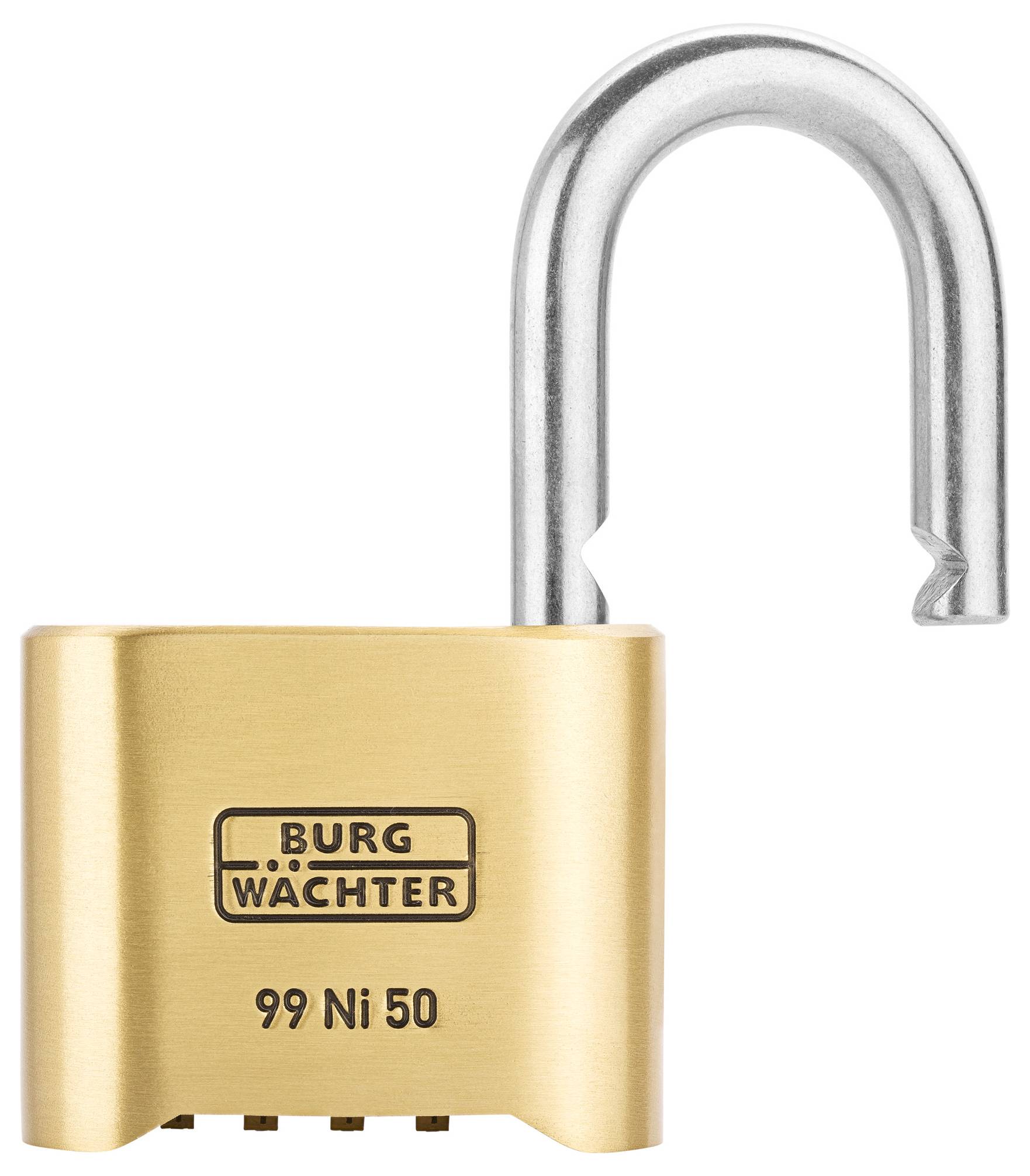Un cadenas ouvert en laiton avec un arceau argenté, portant l'inscription 'BURG WÄCHTER 99 Ni 50', symbolisant la sécurité.
