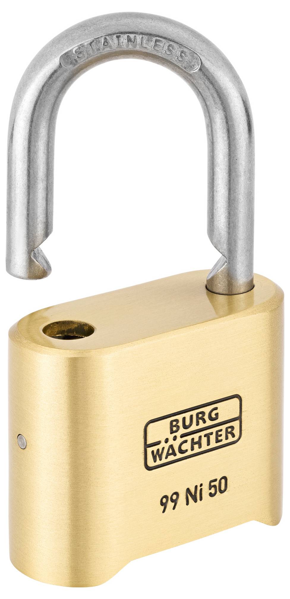 Un cadenas ouvert de couleur laiton de la marque 'BURG-WÄCHTER' avec un arceau en acier inoxydable, numéro de modèle '99 Ni 50'.