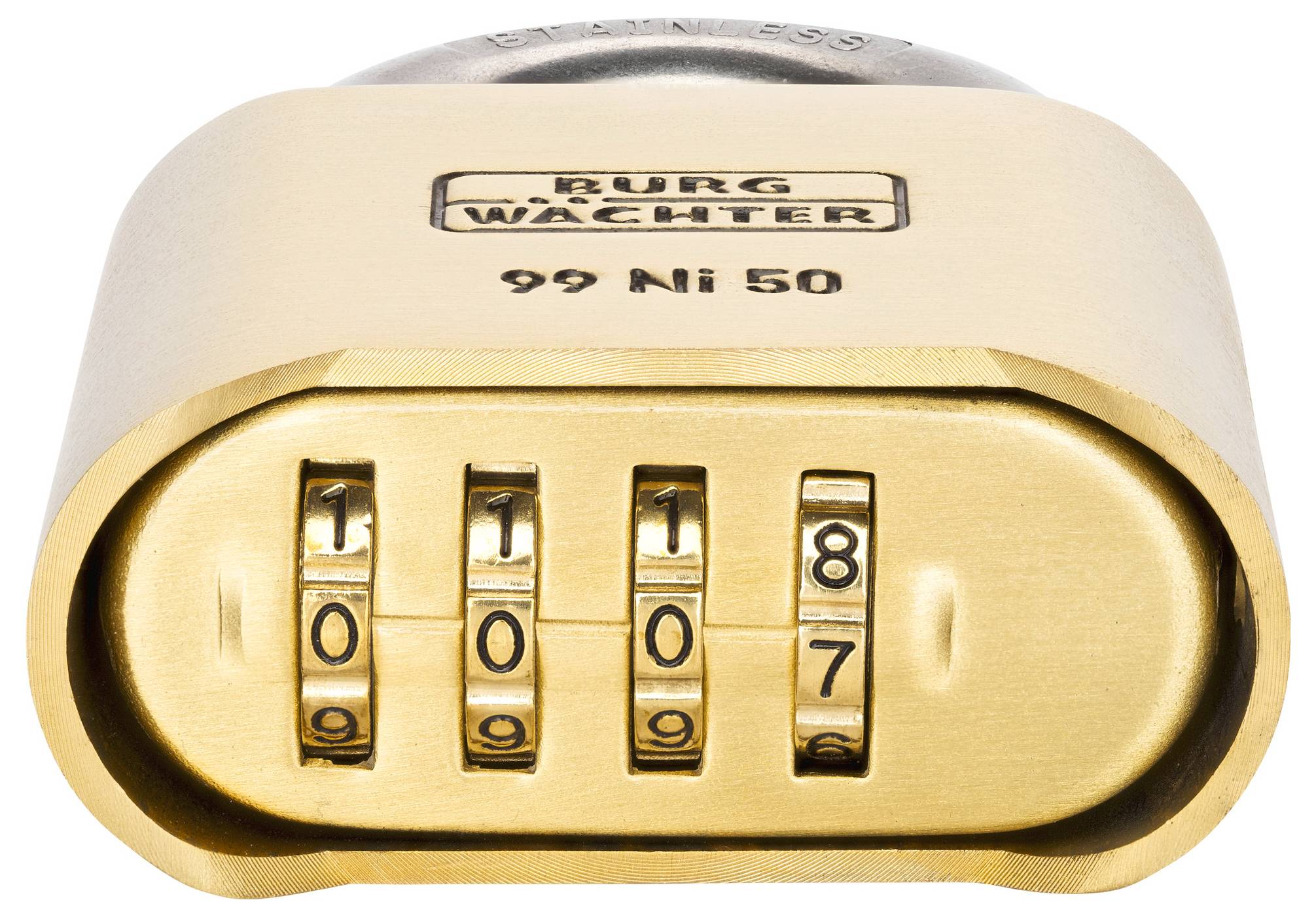 Un cadenas en laiton à combinaison à quatre chiffres. Tous les chiffres sont sur zéro, sauf le dernier, qui est sur huit.