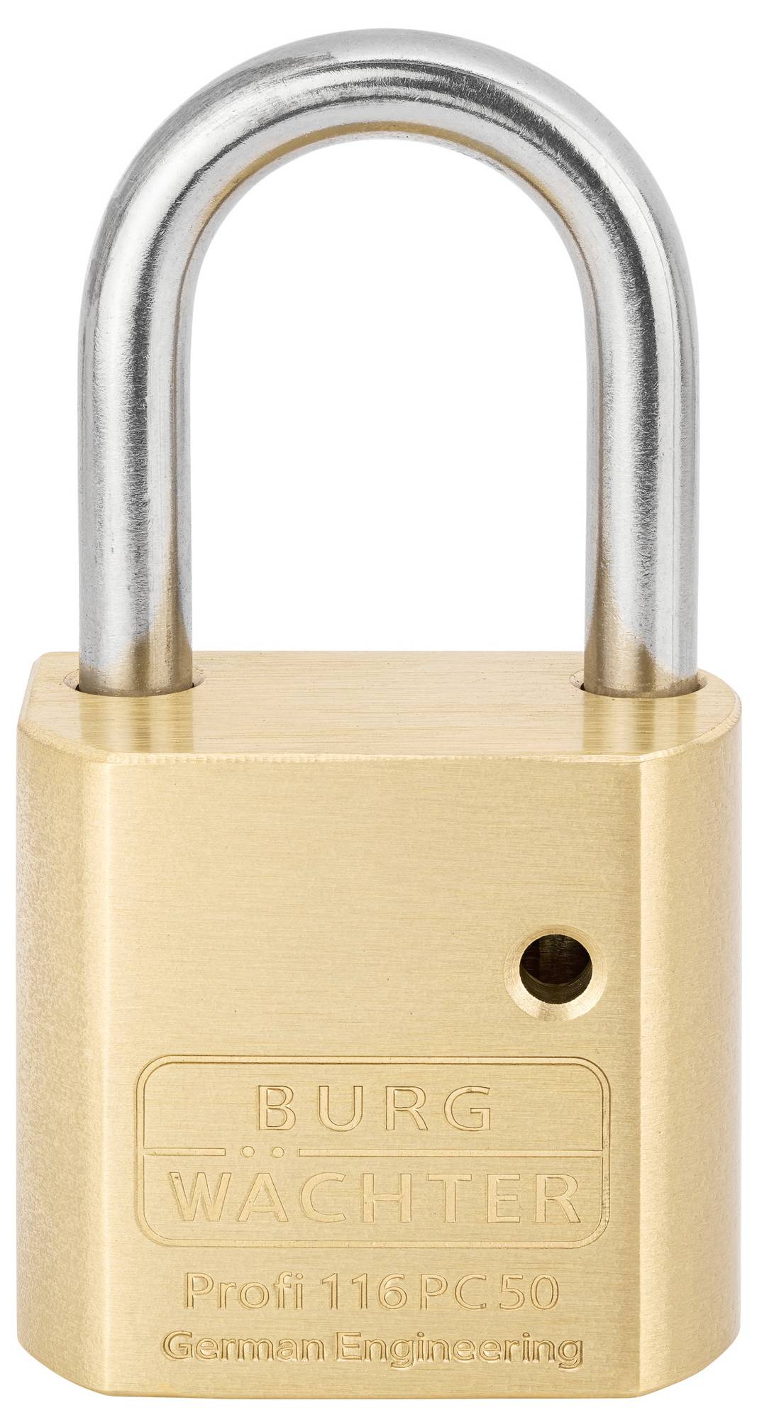 Un cadenas de couleur laiton avec un arceau en acier. Inscription : 'BURG WÄCHTER Profi 116 PC50 German Engineering'.