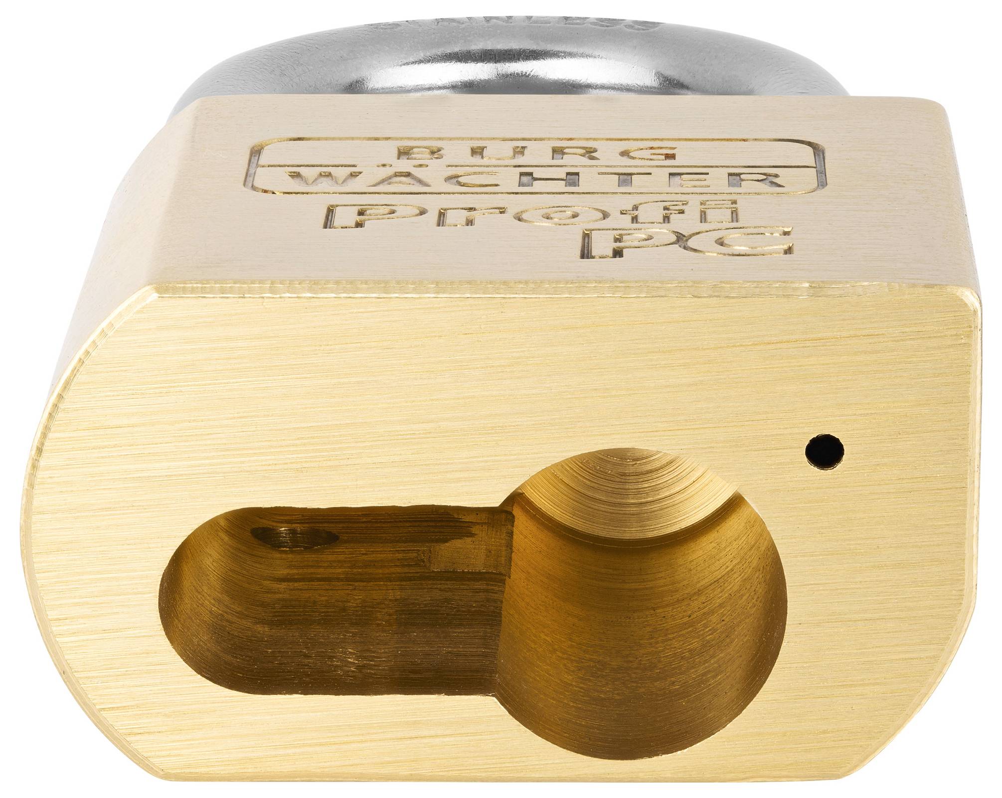 Un cadenas métallique massif portant un logo et une désignation de modèle gravés. Il présente l'ouverture pour le mécanisme de verrouillage.