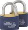 Deux cadenas portant l'inscription 'Burg Wächter Yacht' sur des corps bleus et des étriers en acier inoxydable.