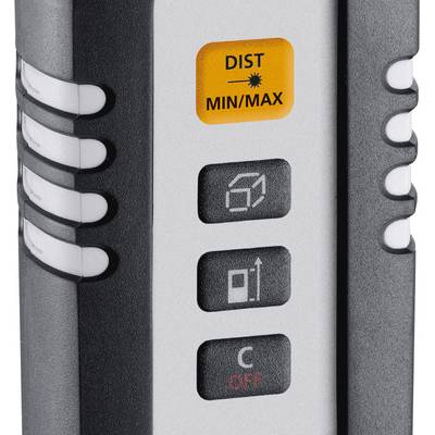Détail d'un télémètre numérique avec inscriptions sur les touches : « DIST », « MIN/MAX » et « OFF ». Fonctions de visée et de mesure de distance.