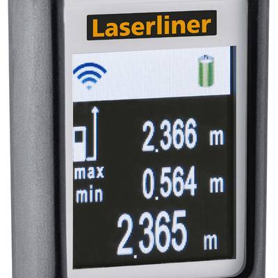 Affichage numérique de distance laser montrant trois valeurs numériques : 2,366 mètres, 0,564 mètre, 2,365 mètres ; symboles de Wi-Fi et niveau de batterie.
