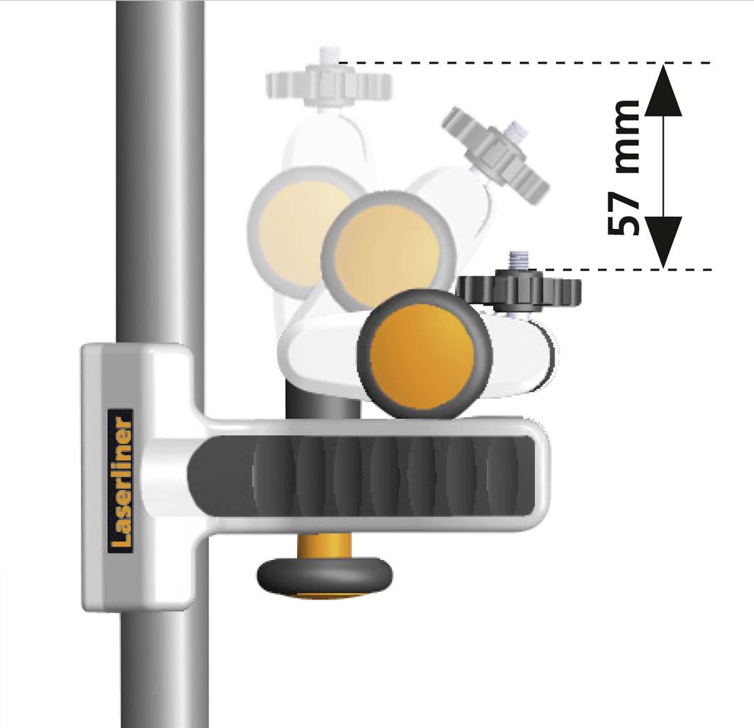 Appareil Laserliner monté sur une tige ; montre le mouvement du bouton rotatif et une distance de '57 mm'.