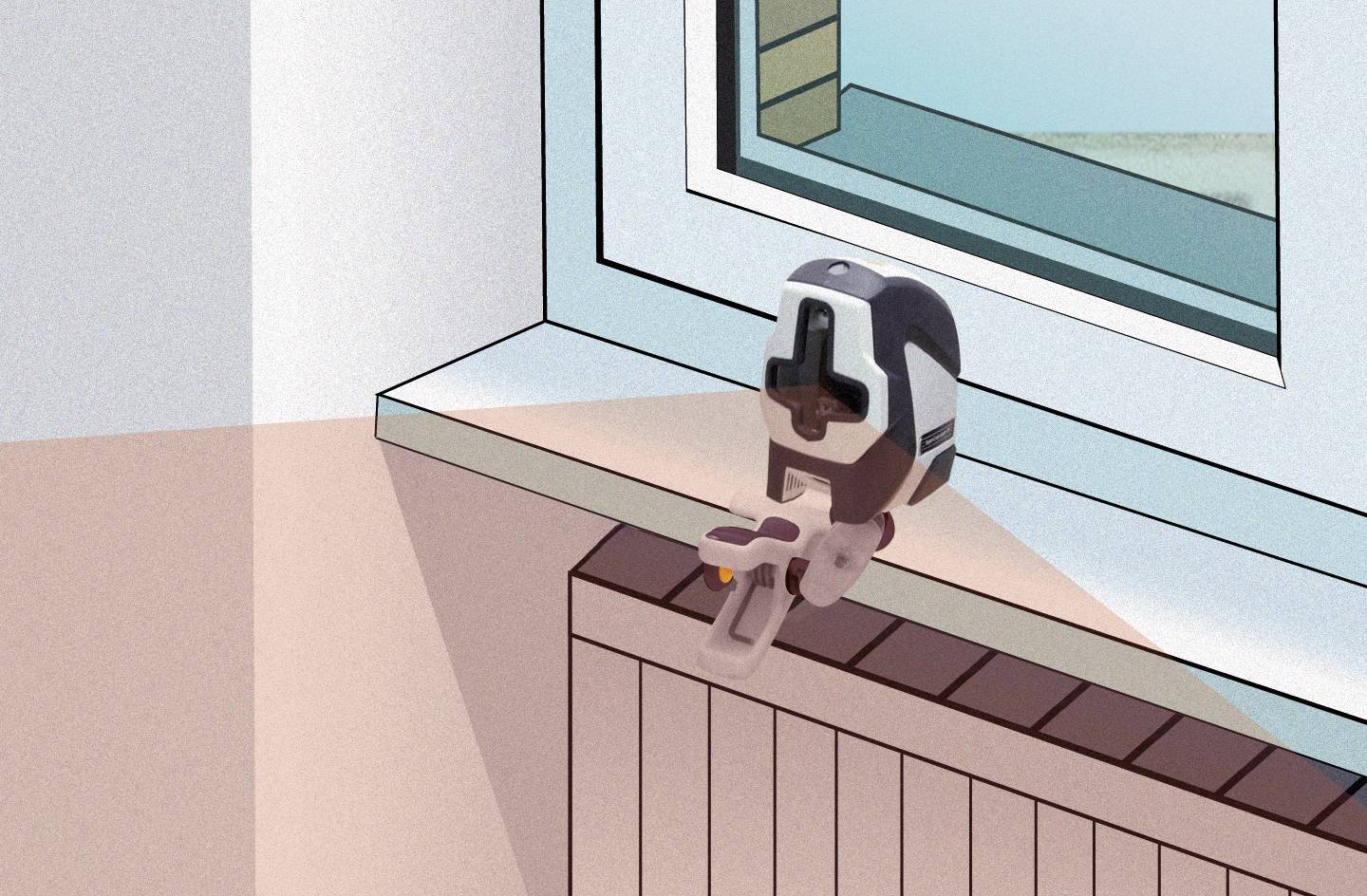 Un petit robot est assis sur un rebord de fenêtre devant une fenêtre ouverte, regardant au dehors et baigné de douce lumière solaire.