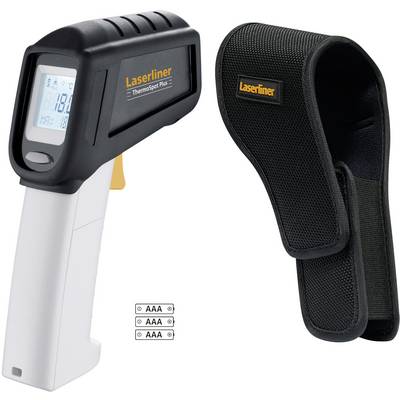 Un thermomètre infrarouge avec écran affichant la température, à côté d'un étui de protection noir. Marqué 'Laserliner'.