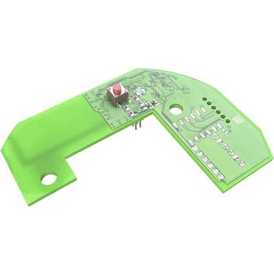 Circuit imprimé vert avec un bouton rouge et plusieurs petits composants électroniques, destiné aux circuits électriques.