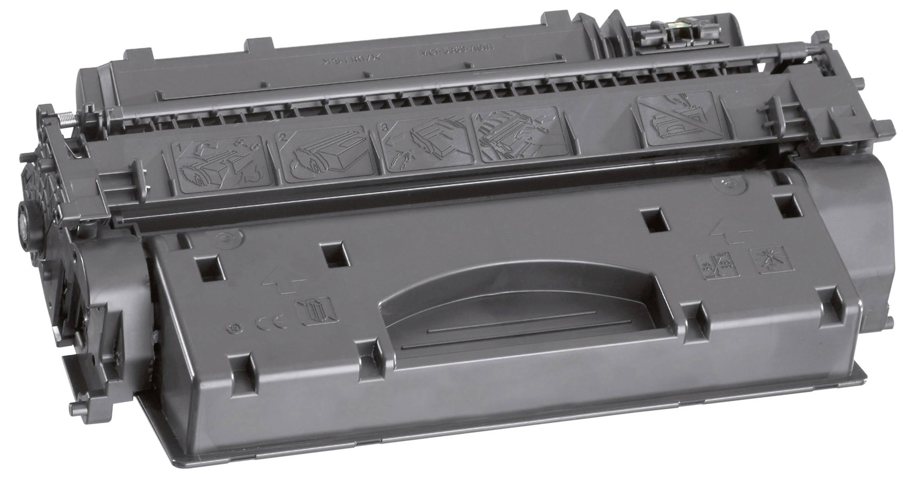 Cartouche de toner imprimante noire avec poignée intégrée, présentée isolée sur fond blanc.