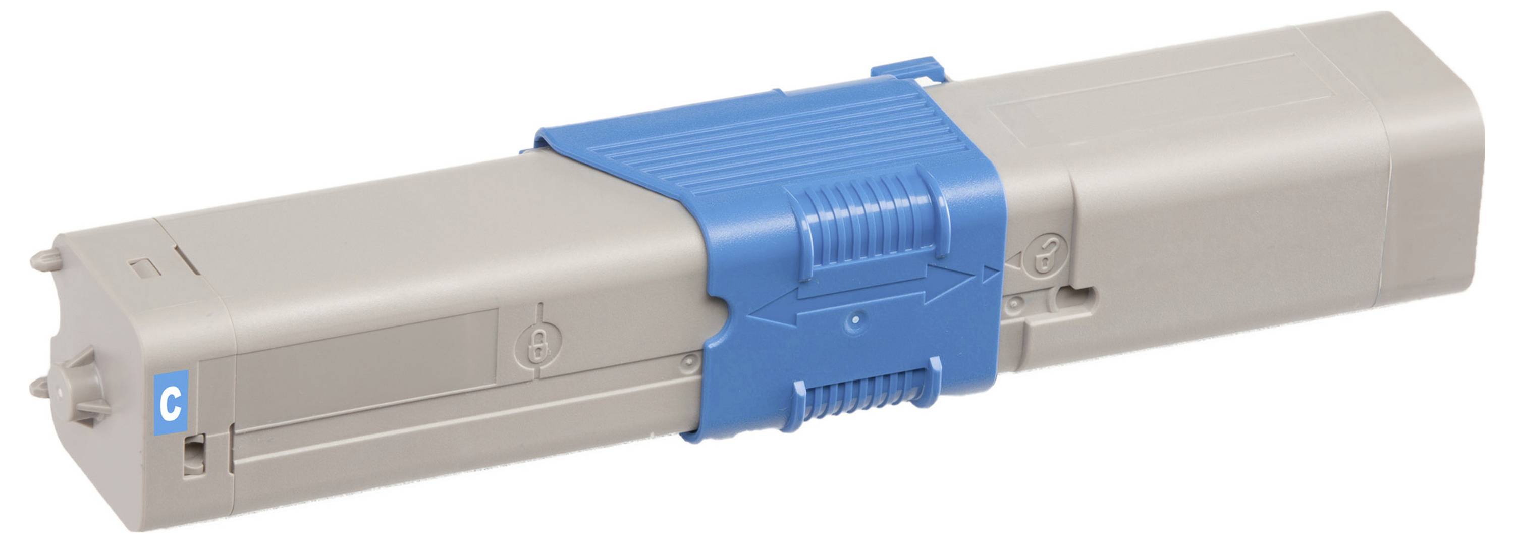 Un connecteur mécanique rectangulaire beige et bleu ou une cartouche avec une bande de verrouillage centrale, présenté isolé sur fond blanc.