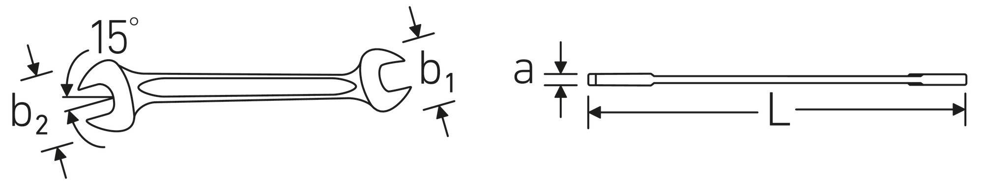 Illustration d'une clé à molette avec des dimensions étiquetées : 'b1', 'b2', 'a', 'L', et un angle de 15 degrés sur la tête de la clé.