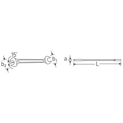 Illustration d'une clé à molette avec des dimensions étiquetées : 'b1', 'b2', 'a', 'L', et un angle de 15 degrés sur la tête de la clé.
