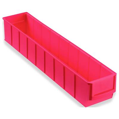 Un long récipient de rangement rectangulaire en plastique rouge.