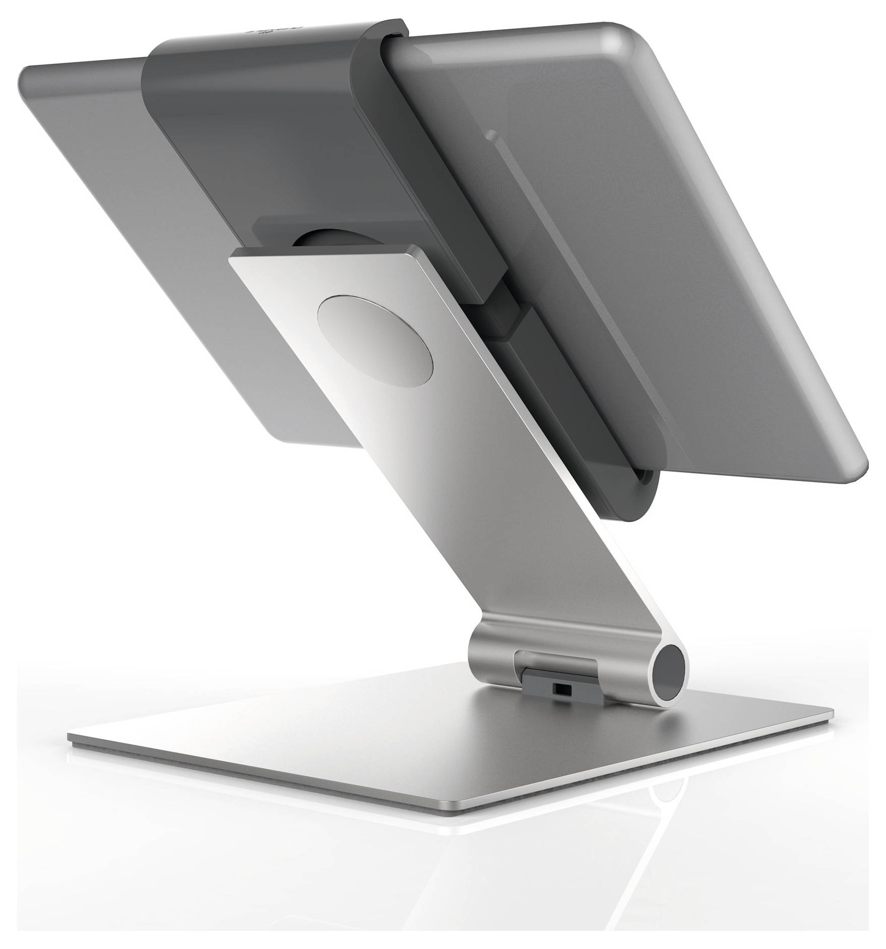 Support de tablette argenté de haute qualité avec bras ajustable tenant une tablette. Idéal pour un positionnement stable et flexible.