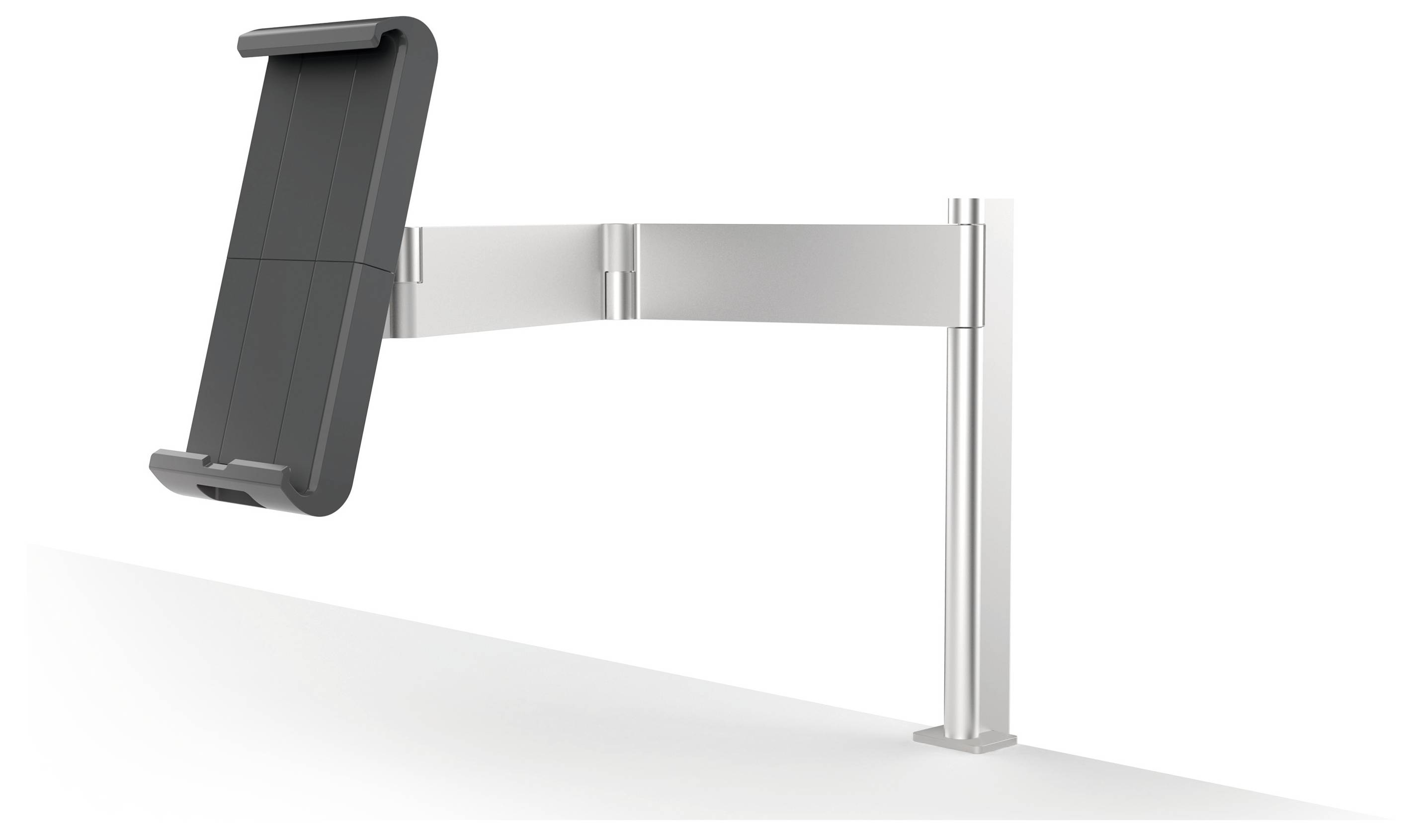 Bras de support métallique réglable en hauteur pour écran, avec un support pour moniteurs, monté sur une surface inclinée pour un travail ergonomique.