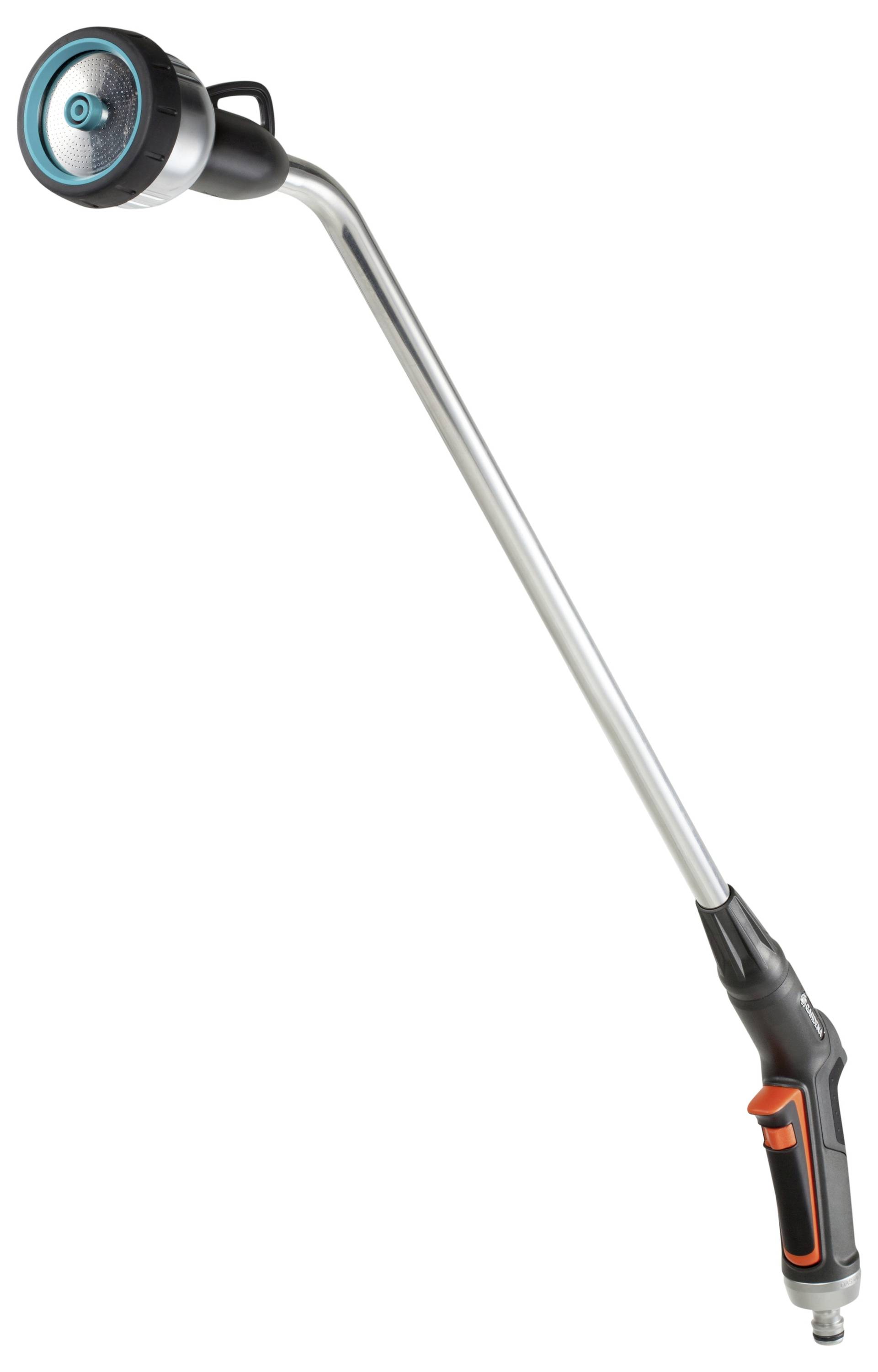 Bâton d'arrosage de jardin avec poignée ergonomique et tête de pulvérisation fixée sur une longue tige métallique.