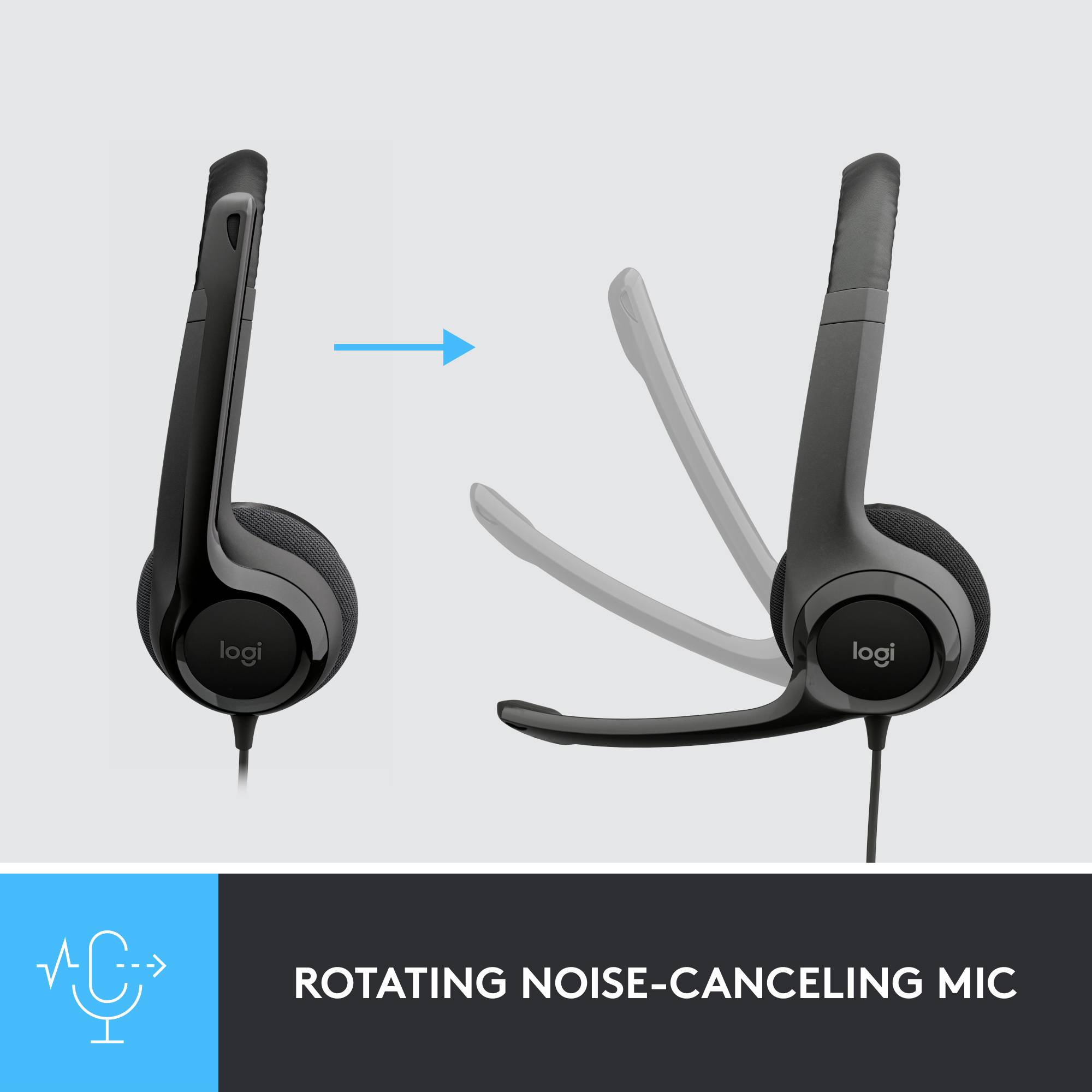 Casque sombre avec microphone flexible sur arceau. Texte en dessous : MICROPHONE SANS ARCEAU AVEC RÉDUCTION DE BRUIT.