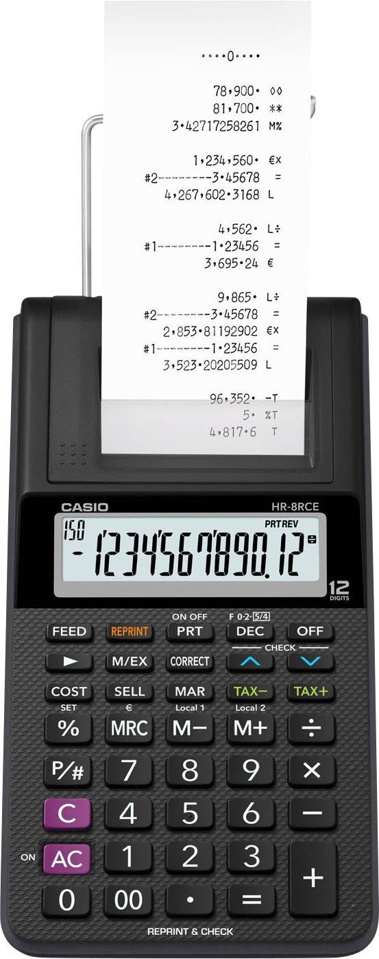 Casio HR 8 RCE black Calculatrice imprimante noir Ecran: 12 à pile(s), sur secteur (en option) (l x H x P) 102 x 42 x 20