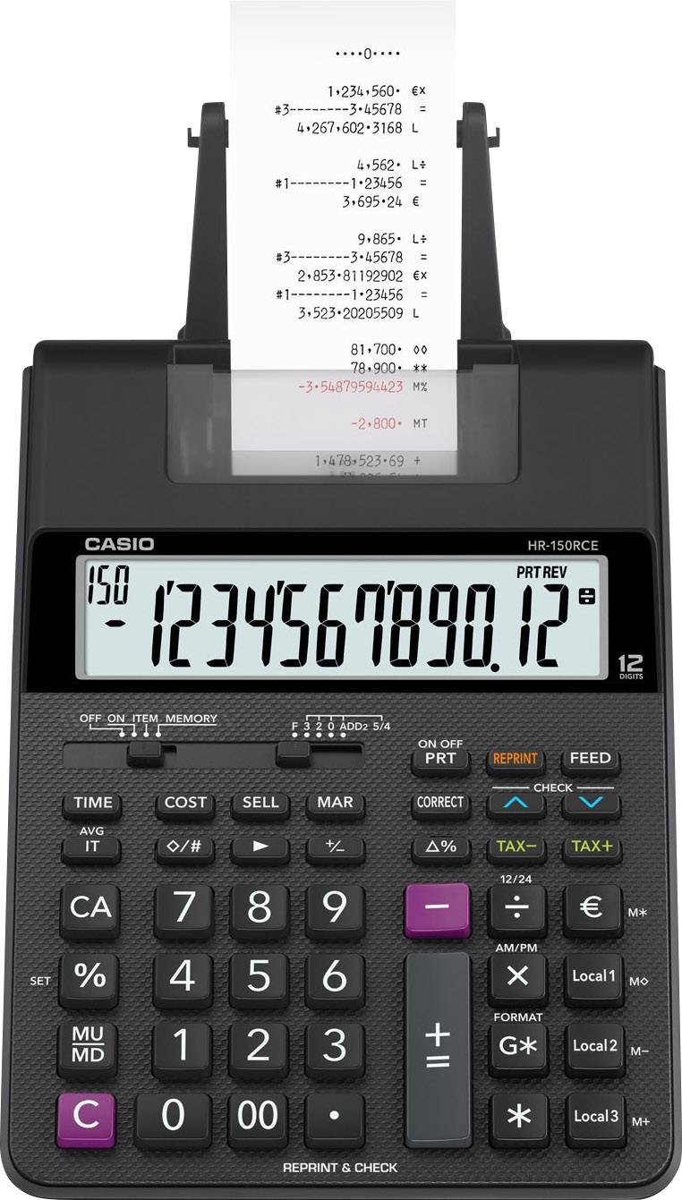 Casio HR 150 RCE Calculatrice imprimante noir Ecran: 12 à pile(s), sur secteur (en option) (l x H x P) 165 x 65 x 295 mm