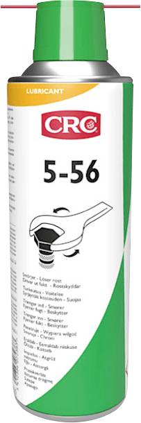 Spray lubrifiant CRC 5-56 avec bouchon vert, logo CRC rouge, et icône de clé sur une étiquette blanche et verte.