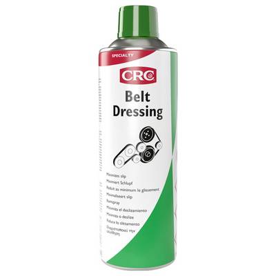 Bombe de spray 'CRC Belt Dressing' avec capuchon vert. L'étiquette présente des engrenages et indique qu'il 'Minimise le glissement' dans plusieurs langues.