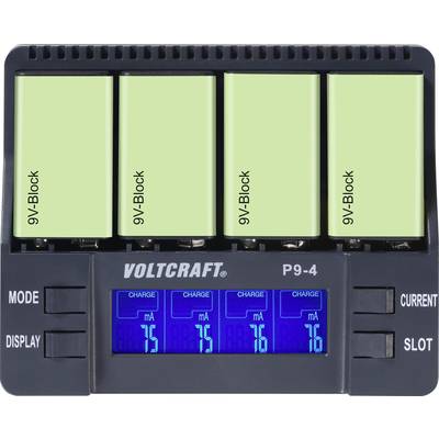 Quatre piles 9V vertes dans le chargeur Voltcraft P9-4. L'écran affiche des niveaux de charge de 75 mA à 76 mA. Touches de mode et d'affichage visibles.