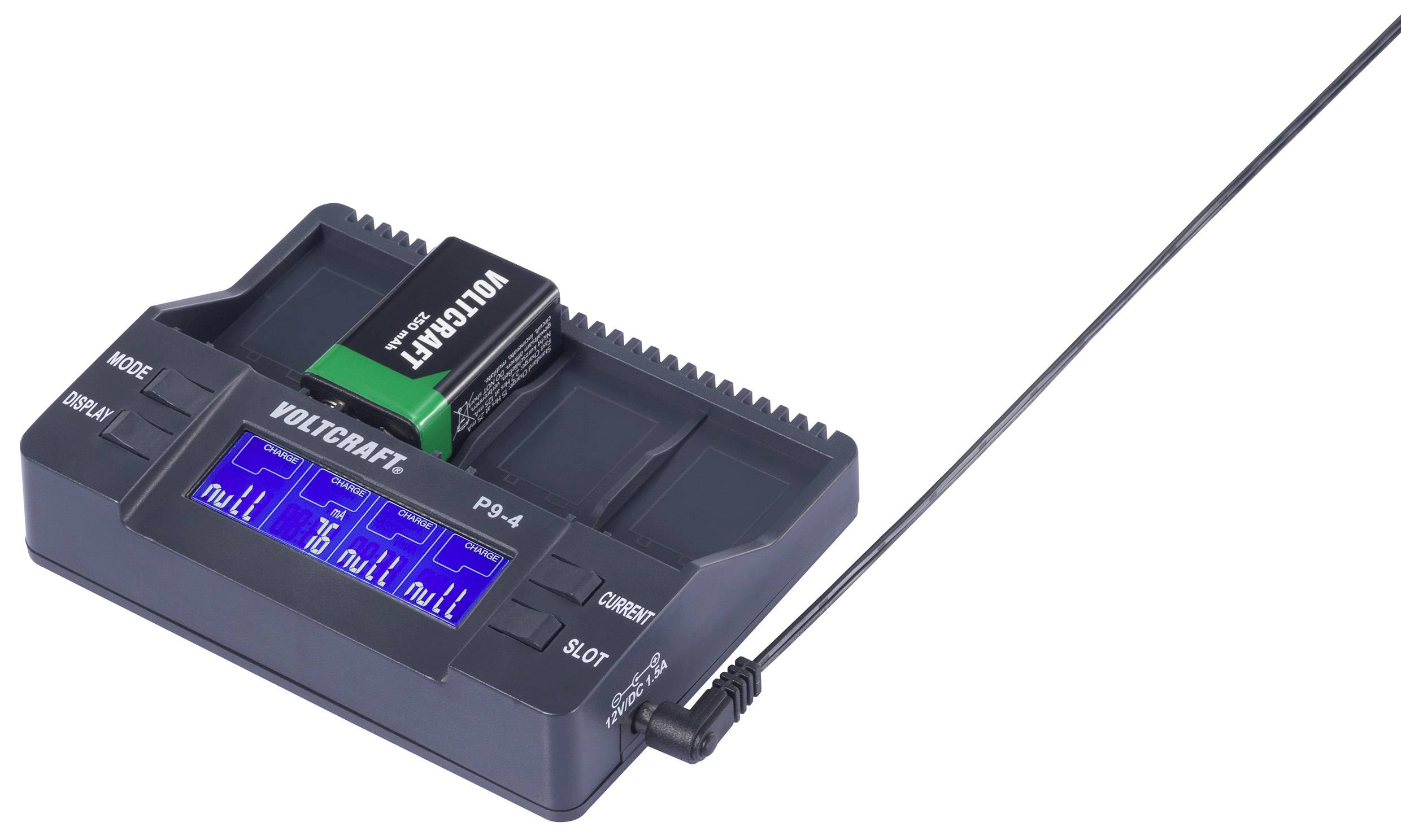 'Testeur de batterie alcaline avec écran, indiquant l'état des sections comme 'plein' ou 'vide', avec une pile 9V représentée.'