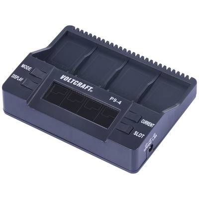 Chargeur de batterie Voltcraft P9-4 avec plusieurs emplacements de charge, affichage et sélection de mode pour charger simultanément différents types de batteries.