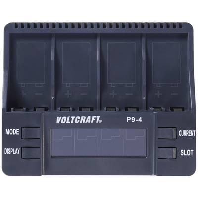 Chargeur 'VOLTCRAFT P9-4' avec quatre emplacements, commandes tactiles en façade pour les options de mode et d'affichage.