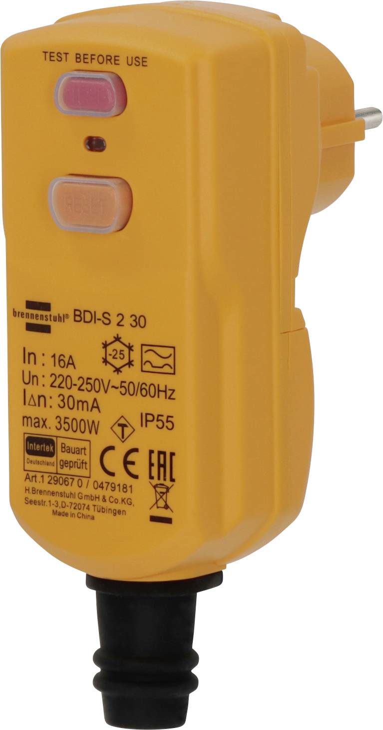 Adaptateur de prise de sécurité électrique portable orange avec boutons « TESTER AVANT UTILISATION » et spécifications étiquetées sur le devant.