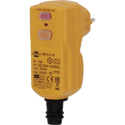 Adaptateur de prise de sécurité électrique portable orange avec boutons « TESTER AVANT UTILISATION » et spécifications étiquetées sur le devant.