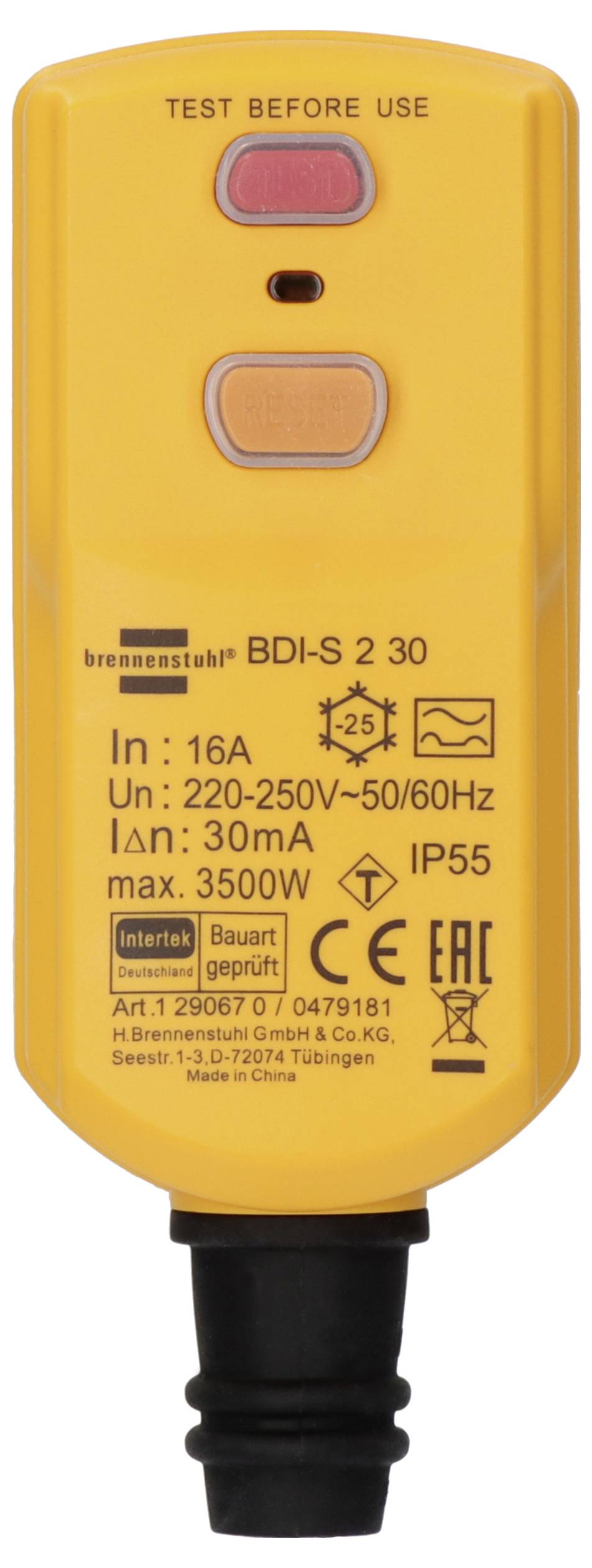 Testeur de sécurité électrique jaune à brancher étiqueté « TEST BEFORE USE » avec voyants d'affichage et spécifications imprimées, utilisé pour vérifier le câblage des prises et la tension.