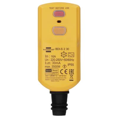 Testeur de sécurité électrique jaune à brancher étiqueté « TEST BEFORE USE » avec voyants d'affichage et spécifications imprimées, utilisé pour vérifier le câblage des prises et la tension.