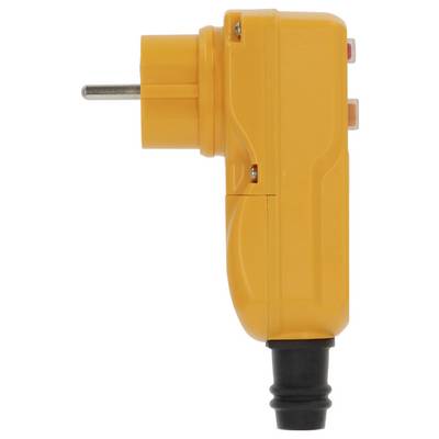 Adaptateur de prise électrique à angle droit orange avec une broche métallique et un connecteur de cordon noir sur un fond blanc.
