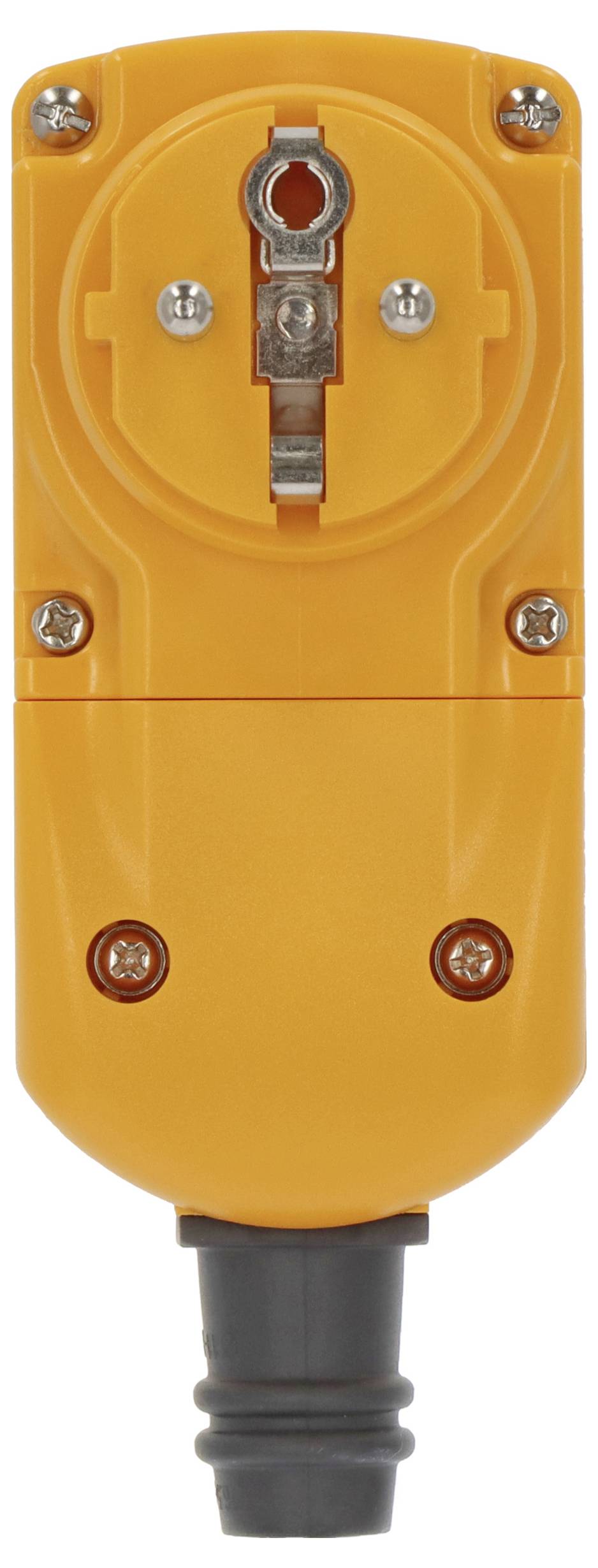 Connecteur électrique orange avec câble gris attaché, vue de face sur fond blanc.