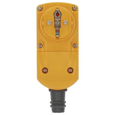 Connecteur électrique orange avec câble gris attaché, vue de face sur fond blanc.