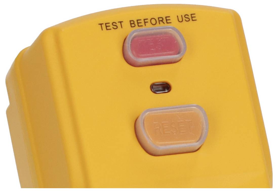 Gros plan d'un dispositif de test jaune avec le texte « TEST BEFORE USE » (TESTER AVANT UTILISATION), un voyant lumineux rouge et un bouton « RESET » (RÉINITIALISER).