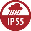Symbole de protection d'entrée IP55 rouge avec un nuage de pluie et de la pluie qui tombe, indiquant une protection contre la poussière et une résistance aux projections d'eau.